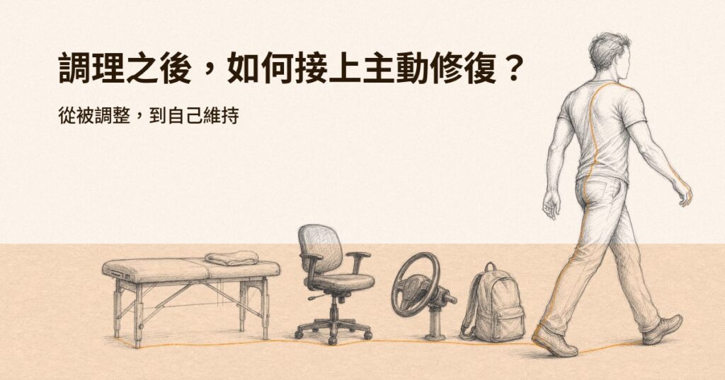 一個人離開調理床後，沿途經過辦公椅、方向盤與背包，持續跨步前行的鉛筆速寫，一條橙線從床邊連到他的手。